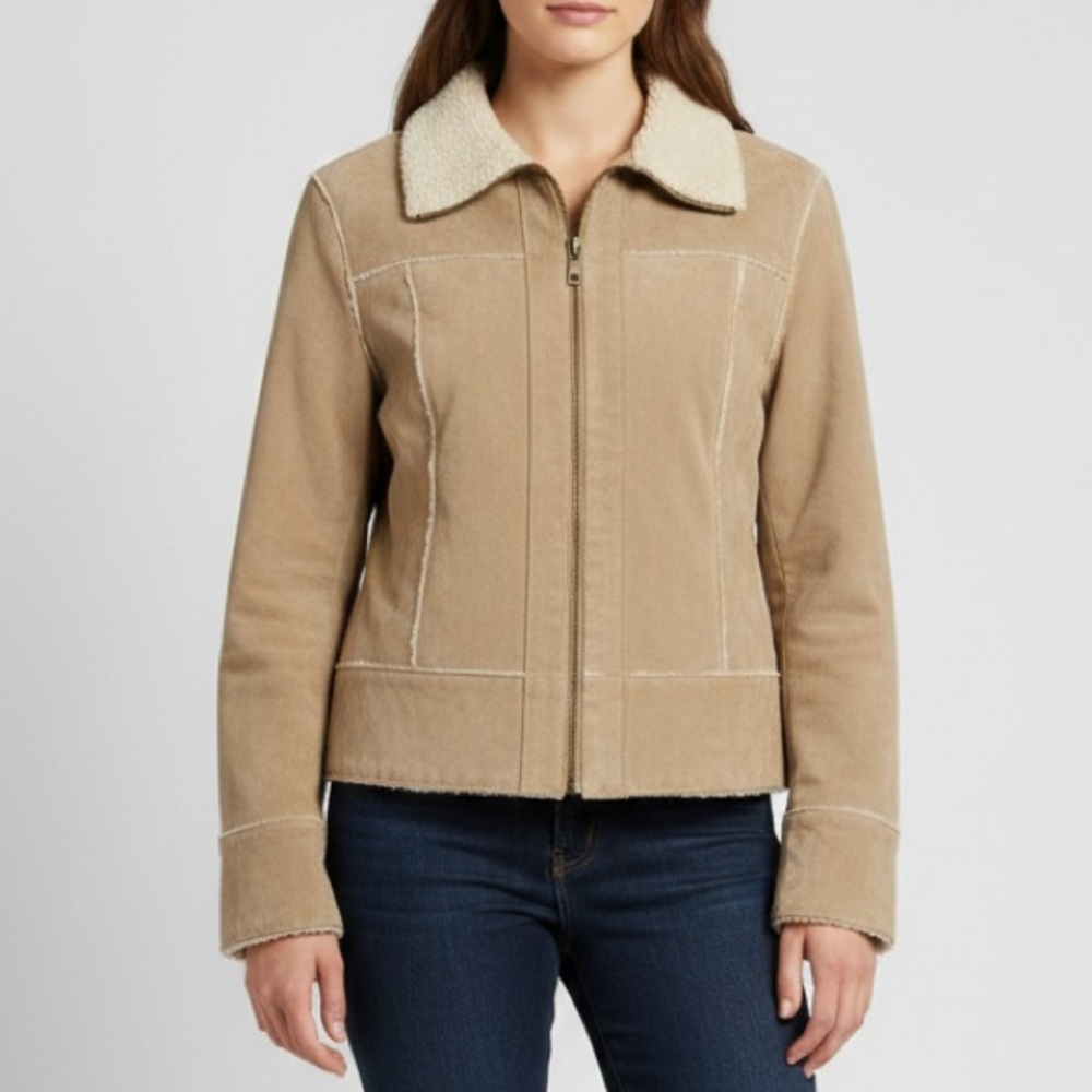 Garage Y2K‎ Leather Sherpa Tan Fall Shearling Zip-up Jacket Women’s Size Medium